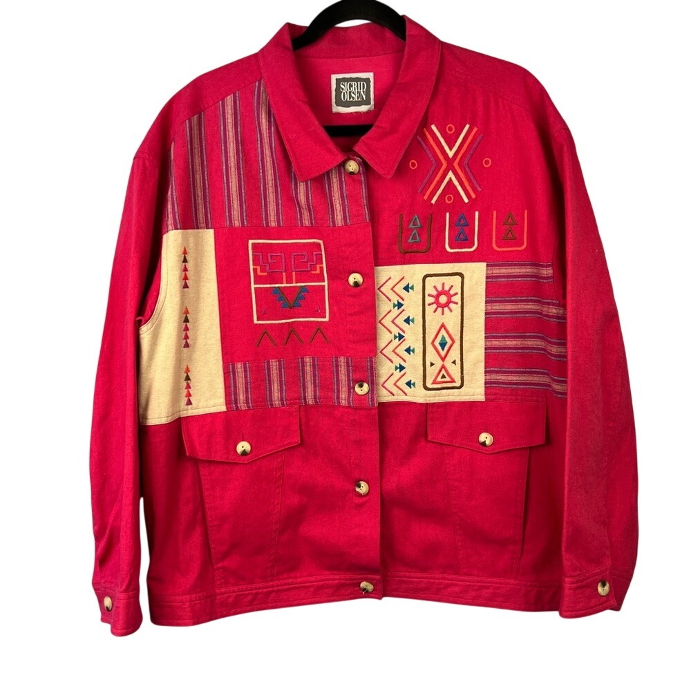 Sigrid Olsen Pink Embroidered‎ Jacket Size XL Vintage 90s Southwestern Aztec